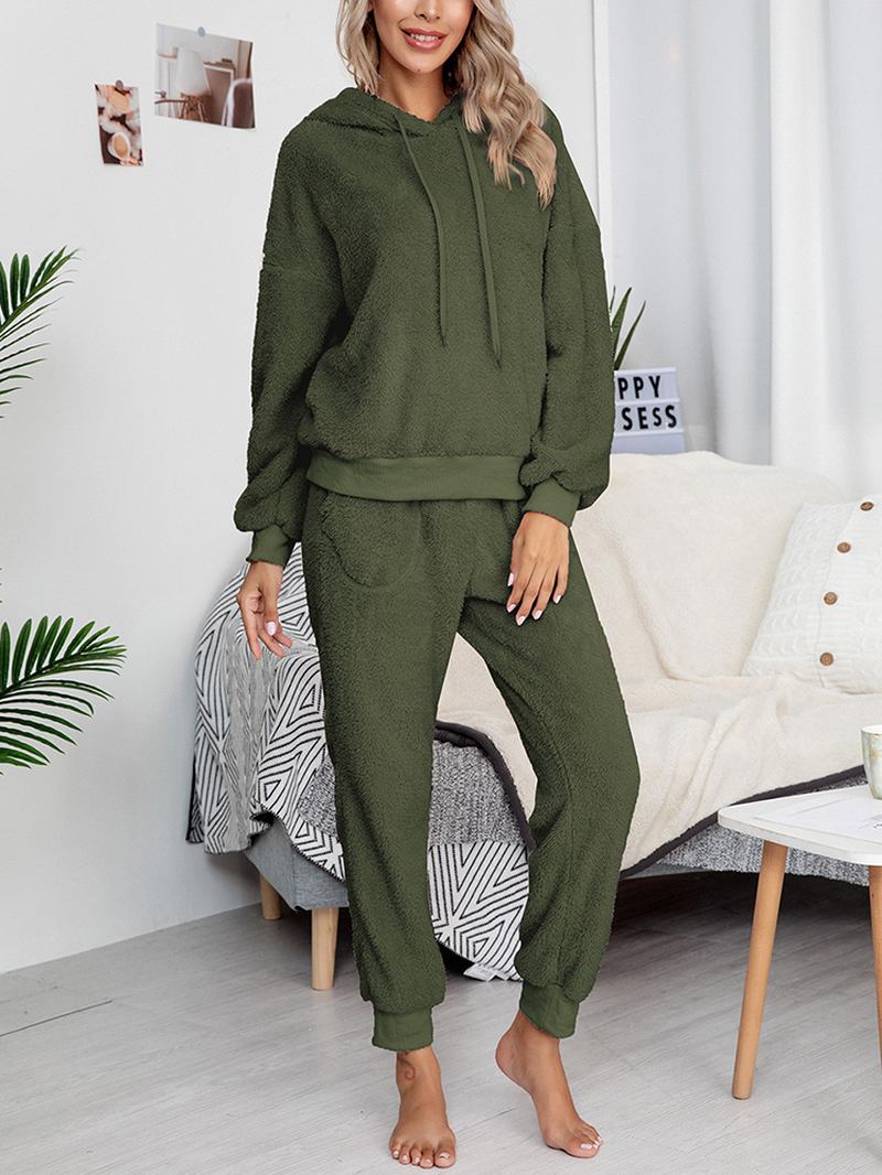 Damer Mjuk Enfärgad Hoodie Ficka Elastisk Midja Jogger Byxor Hem Plysch Pyjamas Set