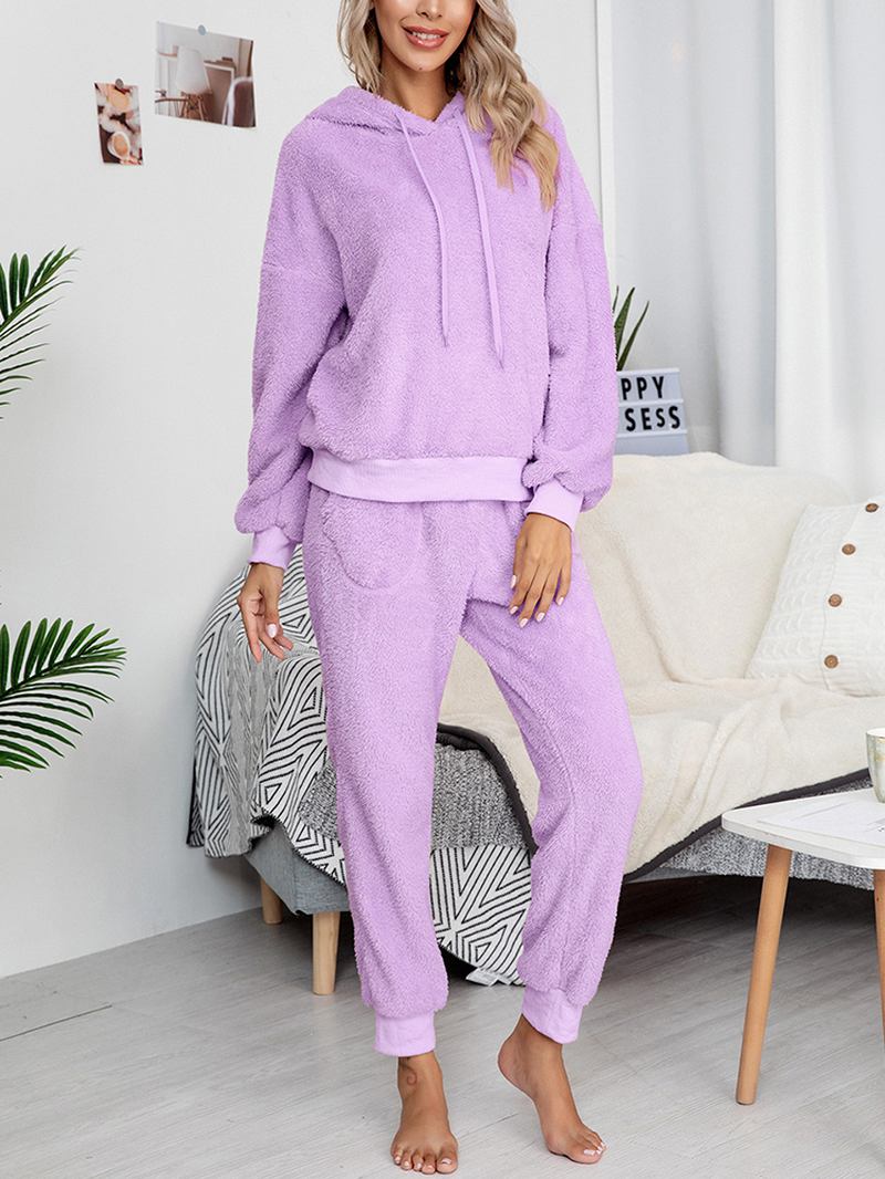 Damer Mjuk Enfärgad Hoodie Ficka Elastisk Midja Jogger Byxor Hem Plysch Pyjamas Set