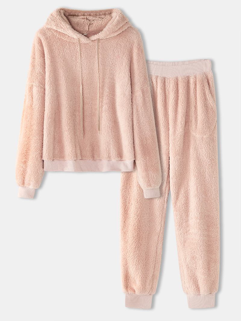 Damer Mjuk Enfärgad Hoodie Ficka Elastisk Midja Jogger Byxor Hem Plysch Pyjamas Set