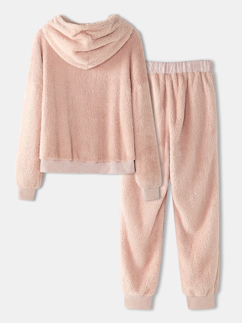 Damer Mjuk Enfärgad Hoodie Ficka Elastisk Midja Jogger Byxor Hem Plysch Pyjamas Set