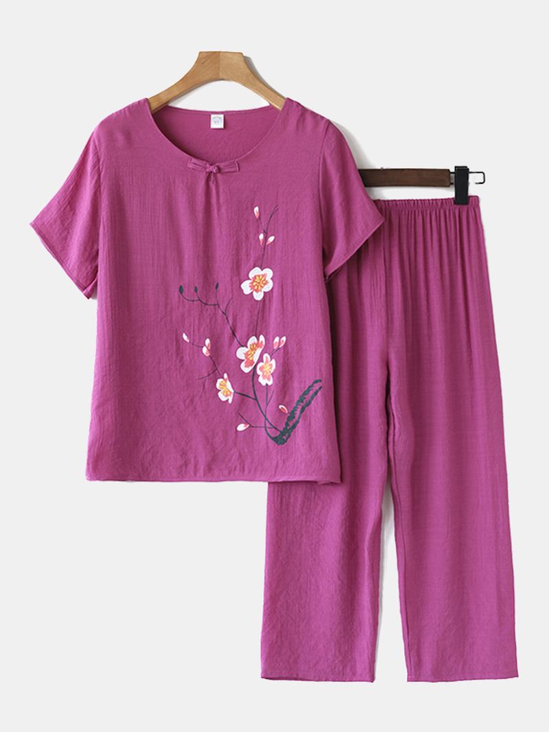 Damer Plus Storlek Blommor Med Tryck Loungewear Set Andas Mandarin Button Lös Pyjamas