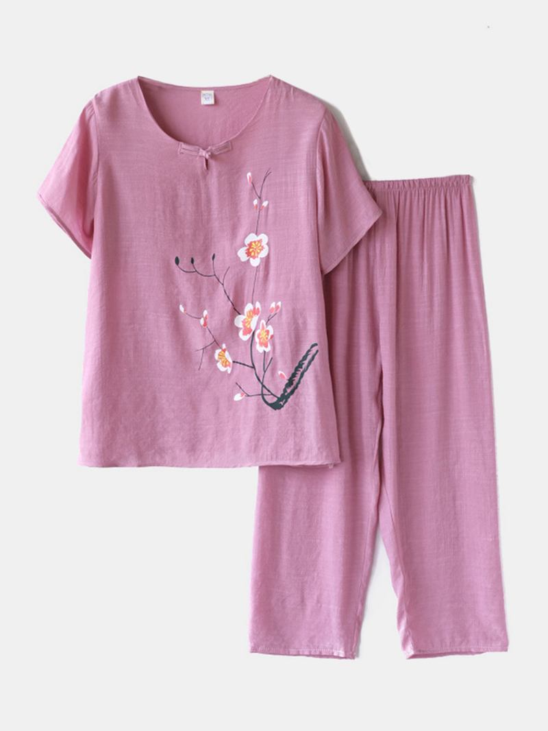 Damer Plus Storlek Blommor Med Tryck Loungewear Set Andas Mandarin Button Lös Pyjamas