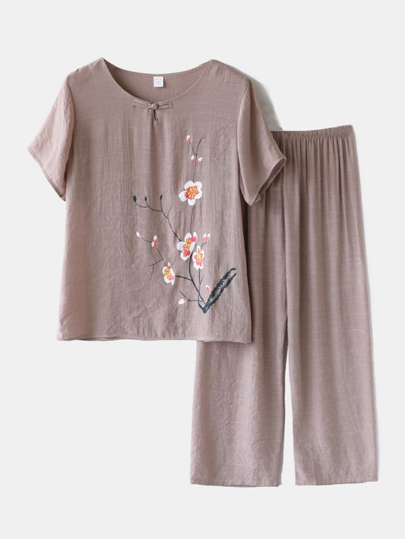 Damer Plus Storlek Blommor Med Tryck Loungewear Set Andas Mandarin Button Lös Pyjamas