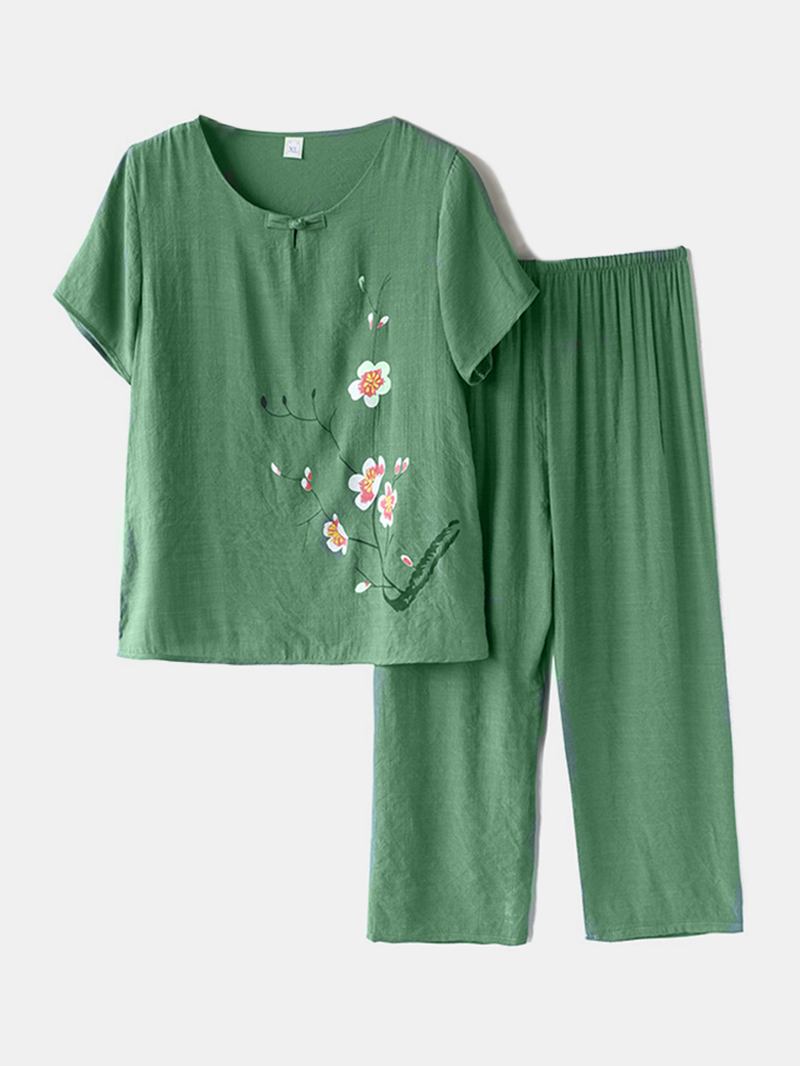 Damer Plus Storlek Blommor Med Tryck Loungewear Set Andas Mandarin Button Lös Pyjamas