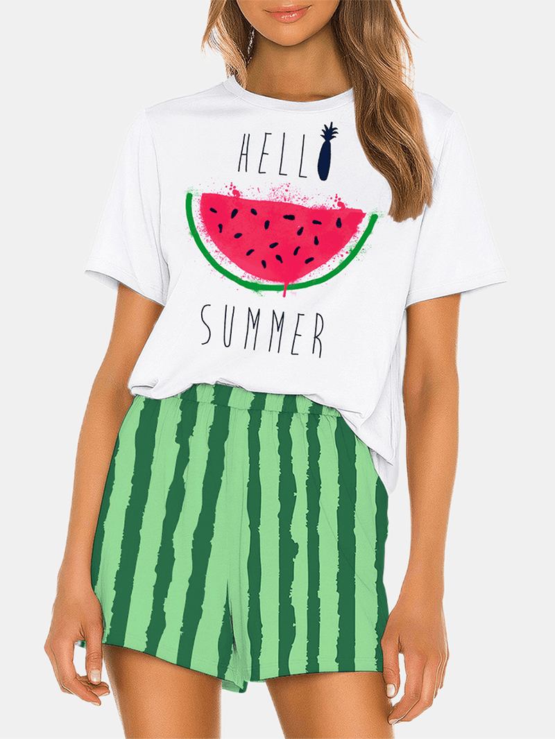 Damvattenmelontryck Lös Kortärmad Ventilerande Casual Pyjamasset