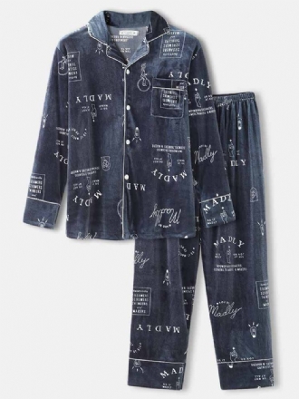 Enkel Graffiti Letter Med Tryck Skjorta Elastisk Midja Byxor Velvet Varm Hem Pyjamas Set