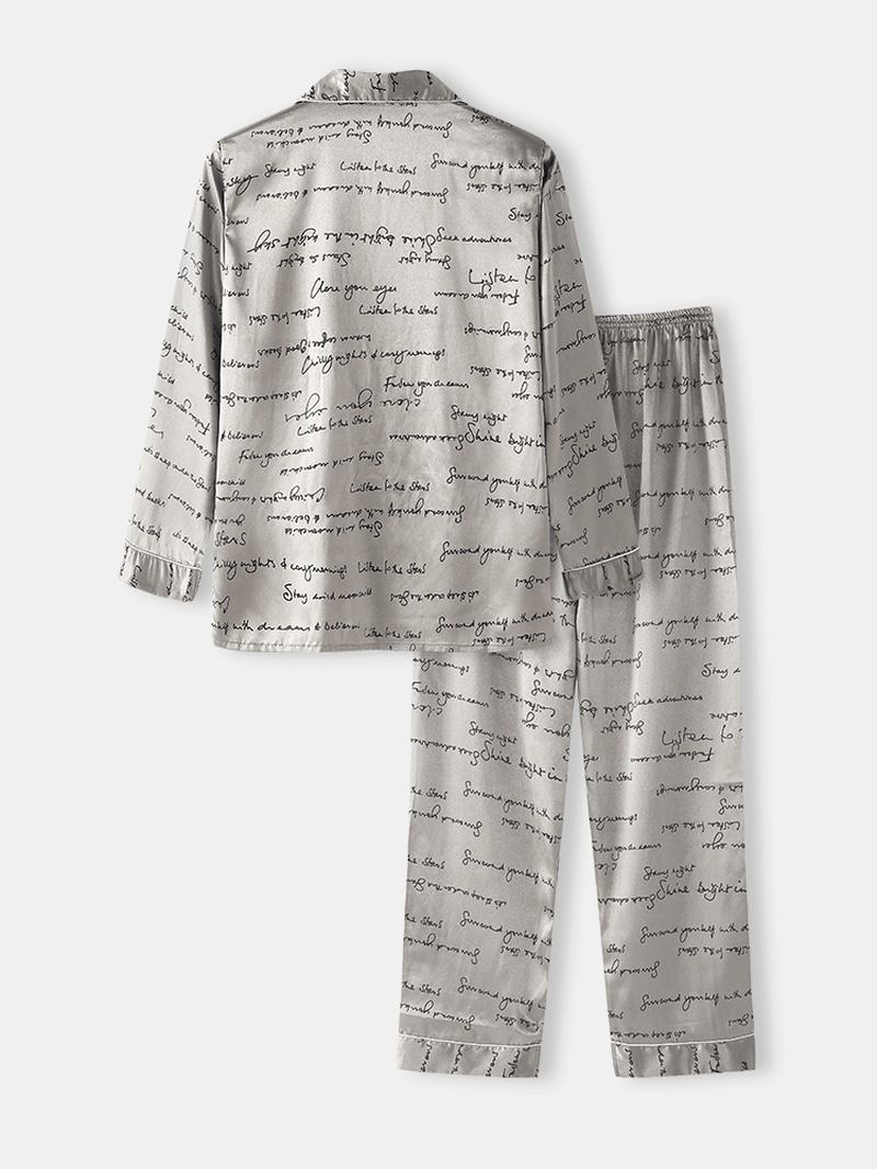 Herr Allover Slogan Med Tryck Flap Pocket Faux Silk Home Long Sleeve Lounge Pyjamas