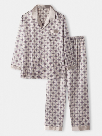 Herr Allover Utskrift Ice Silk Casual Lös Långärmad Home Lounge Pyjamas Set Med Ficka