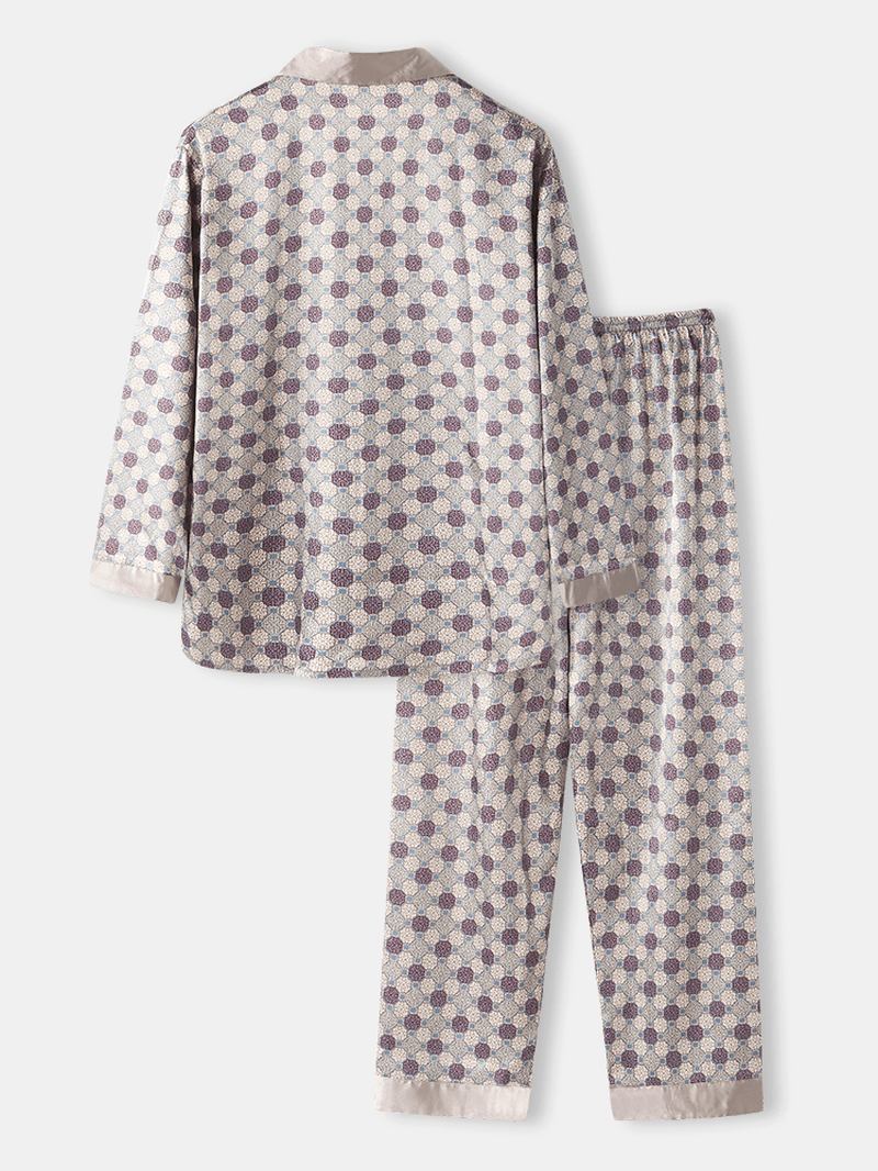 Herr Allover Utskrift Ice Silk Casual Lös Långärmad Home Lounge Pyjamas Set Med Ficka