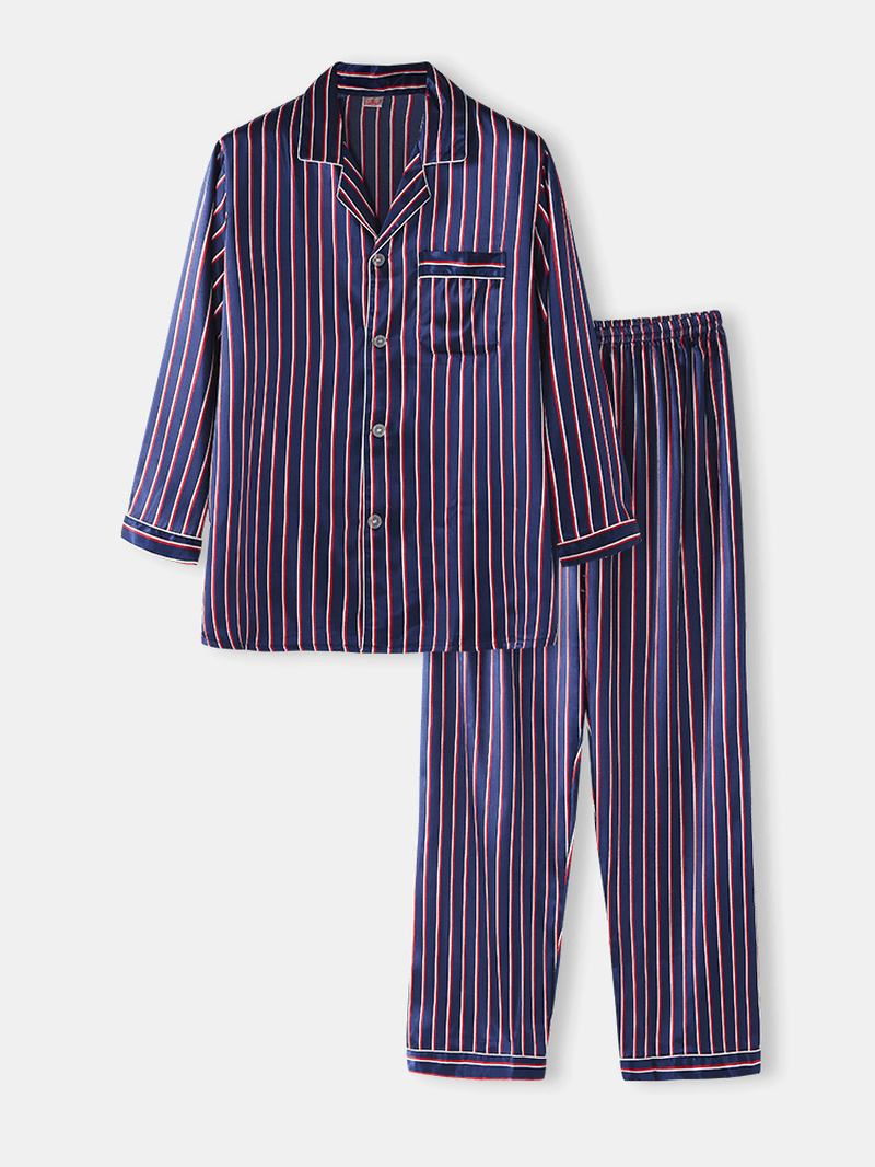 Herr Basic Randigt Siden Tunn Långärmad Hem Casual Pyjamas Set