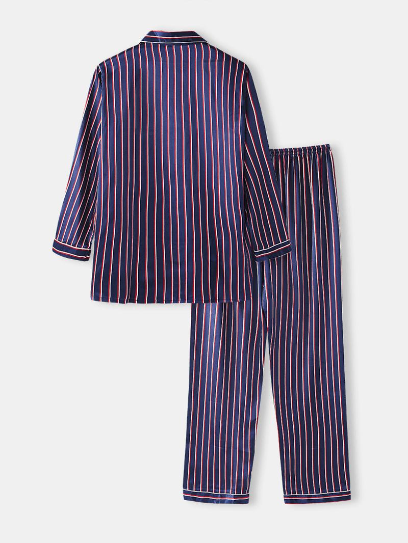 Herr Basic Randigt Siden Tunn Långärmad Hem Casual Pyjamas Set