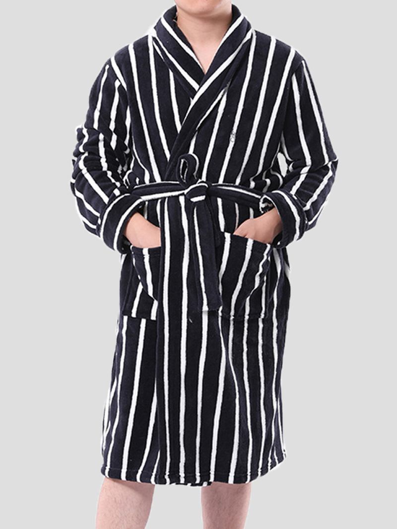 Herr Basic Randigt Tryck Flanell Vinter Tjocka Medellånga Home Lounge Robes