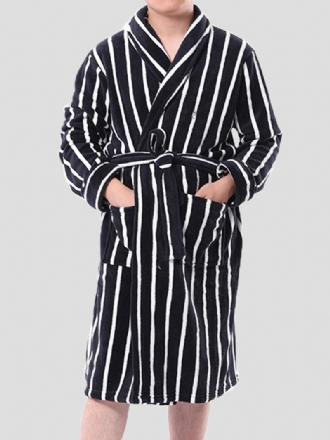 Herr Basic Randigt Tryck Flanell Vinter Tjocka Medellånga Home Lounge Robes