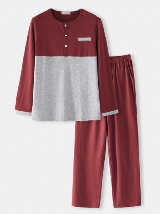 Herr Bomull Colorblock Halv Knapp Lös Hem Casual Varm Långärmad Pyjamasset