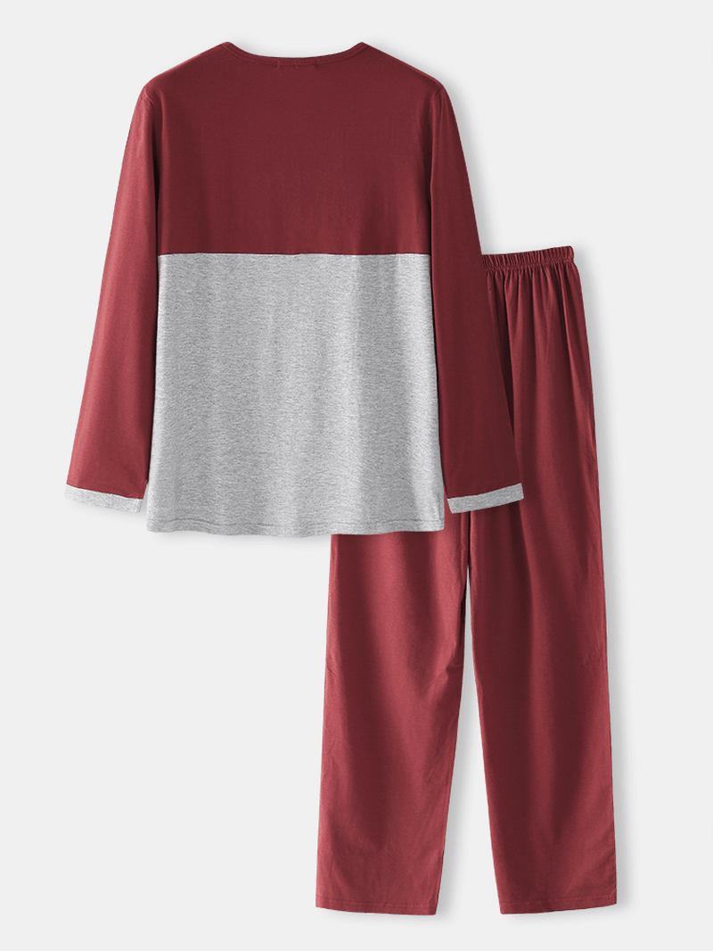 Herr Bomull Colorblock Halv Knapp Lös Hem Casual Varm Långärmad Pyjamasset