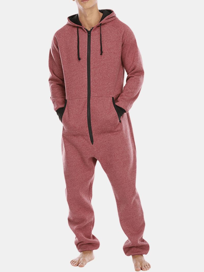 Herr Bomull Solid Hooded Pocket Långärmad Hem Jumpsuit Dragkedja Sleepwear