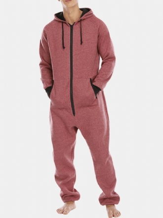 Herr Bomull Solid Hooded Pocket Långärmad Hem Jumpsuit Dragkedja Sleepwear