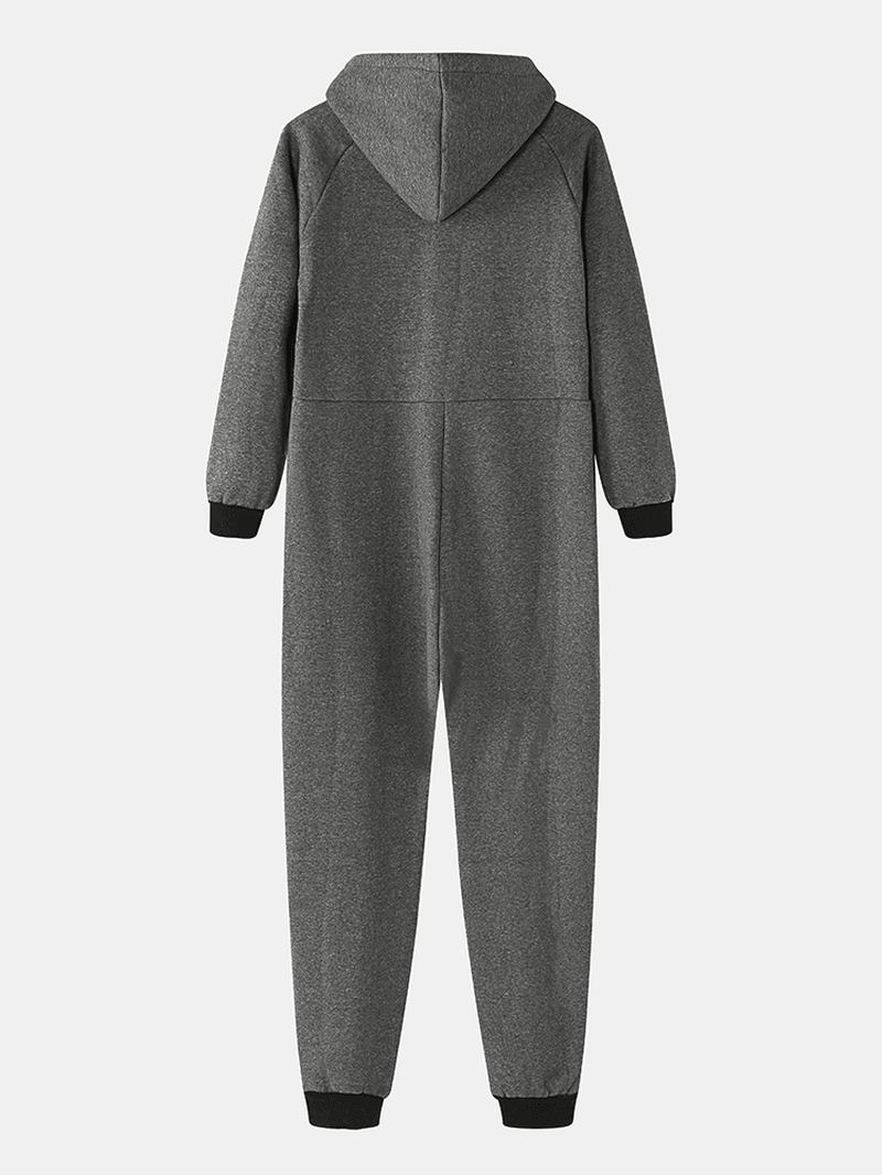 Herr Bomull Solid Hooded Pocket Långärmad Hem Jumpsuit Dragkedja Sleepwear