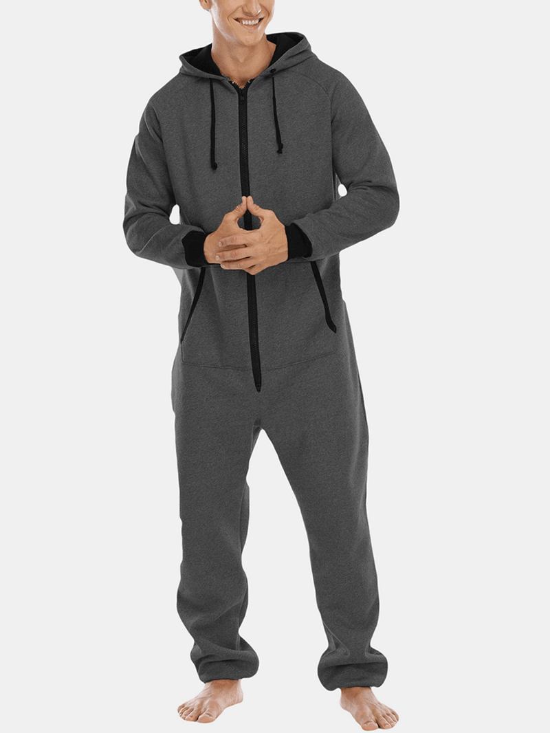 Herr Bomull Solid Hooded Pocket Långärmad Hem Jumpsuit Dragkedja Sleepwear