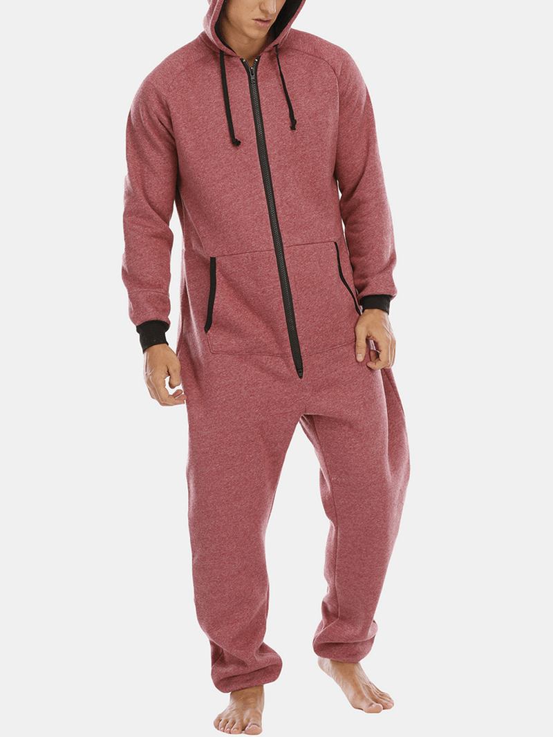 Herr Bomull Solid Hooded Pocket Långärmad Hem Jumpsuit Dragkedja Sleepwear