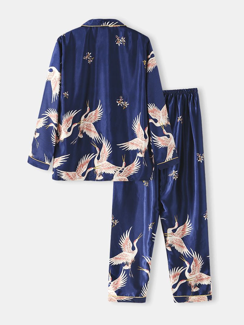 Herr Crane Med Tryck Faux Silk Home Revere Collar Långärmad Lös Lounge Pyjamas Set