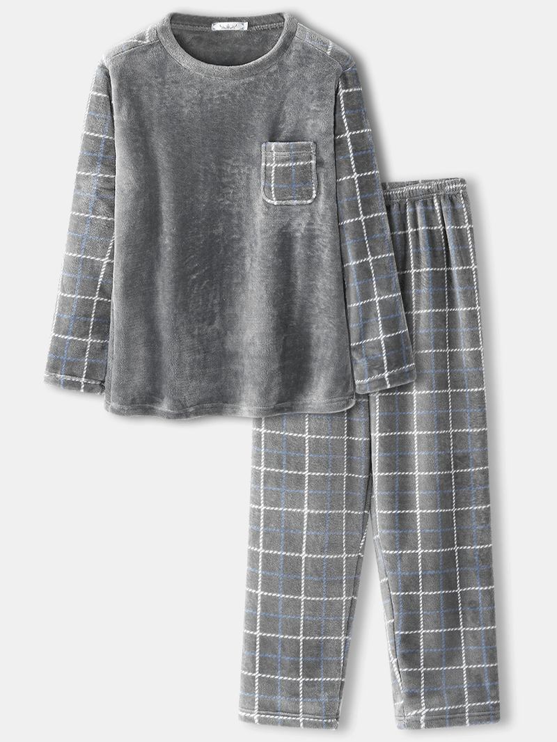 Herr Flanell Pläd Patchwork Pullover Warm Thicken Loose Pants Hem Pyjamas Set