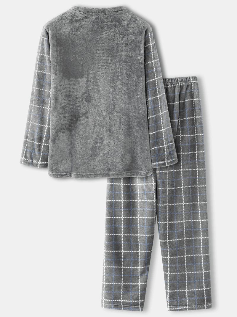 Herr Flanell Pläd Patchwork Pullover Warm Thicken Loose Pants Hem Pyjamas Set