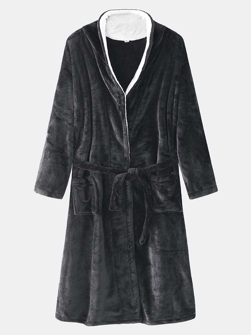 Herr Flanell Thicken Thermal Warm Winter Pyjamas Sovkläder Robe Med Ficka