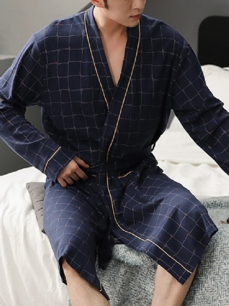 Herr Geometric Med Tryck Lapel Sashes Double Pocket Cotton Home Sleepwear Robes