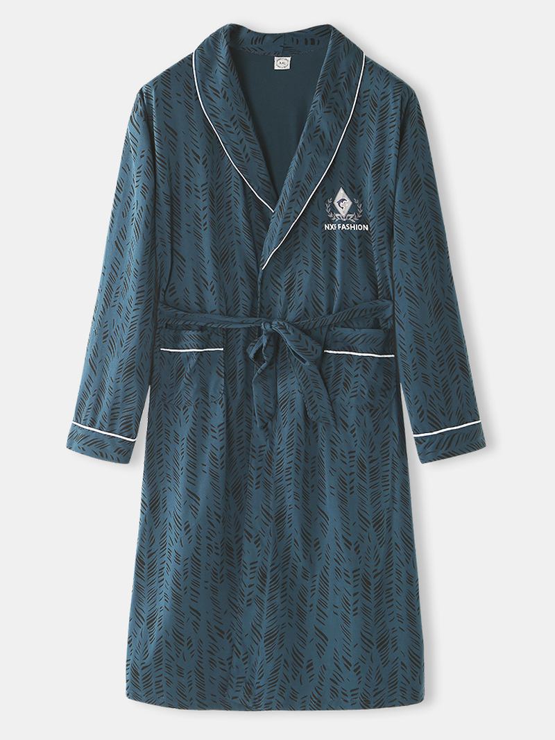 Herr Geometric Med Tryck Lapel Sashes Double Pocket Cotton Home Sleepwear Robes