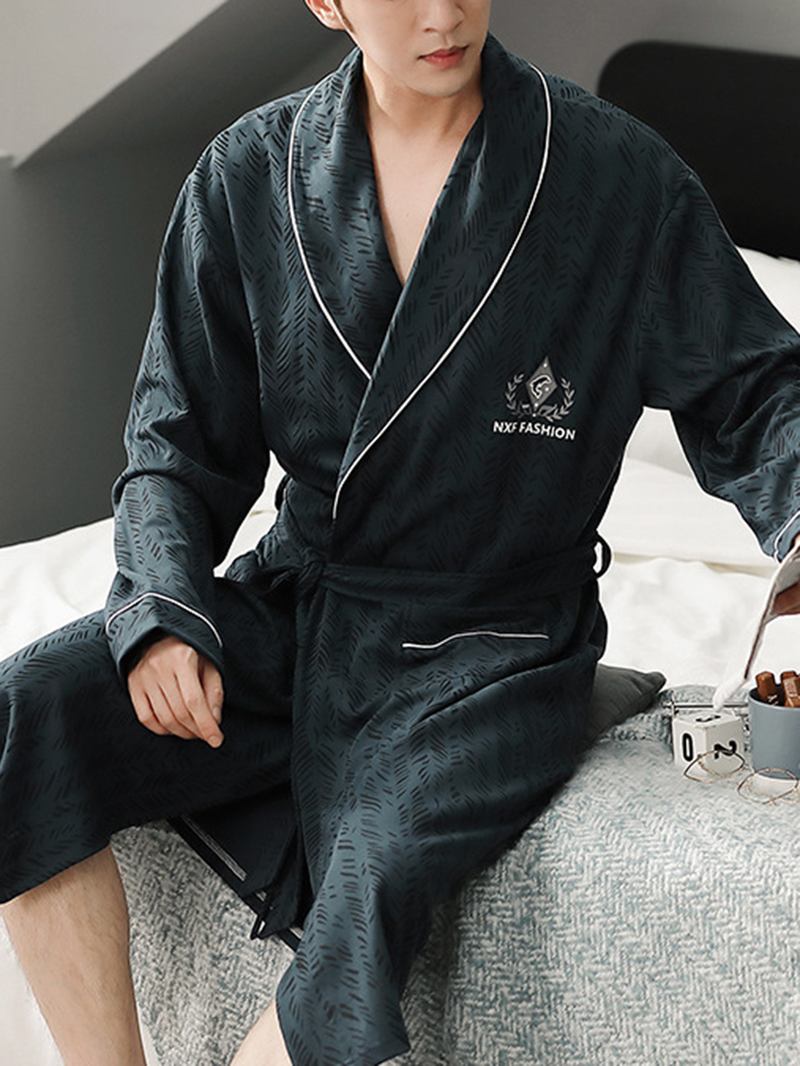 Herr Geometric Med Tryck Lapel Sashes Double Pocket Cotton Home Sleepwear Robes