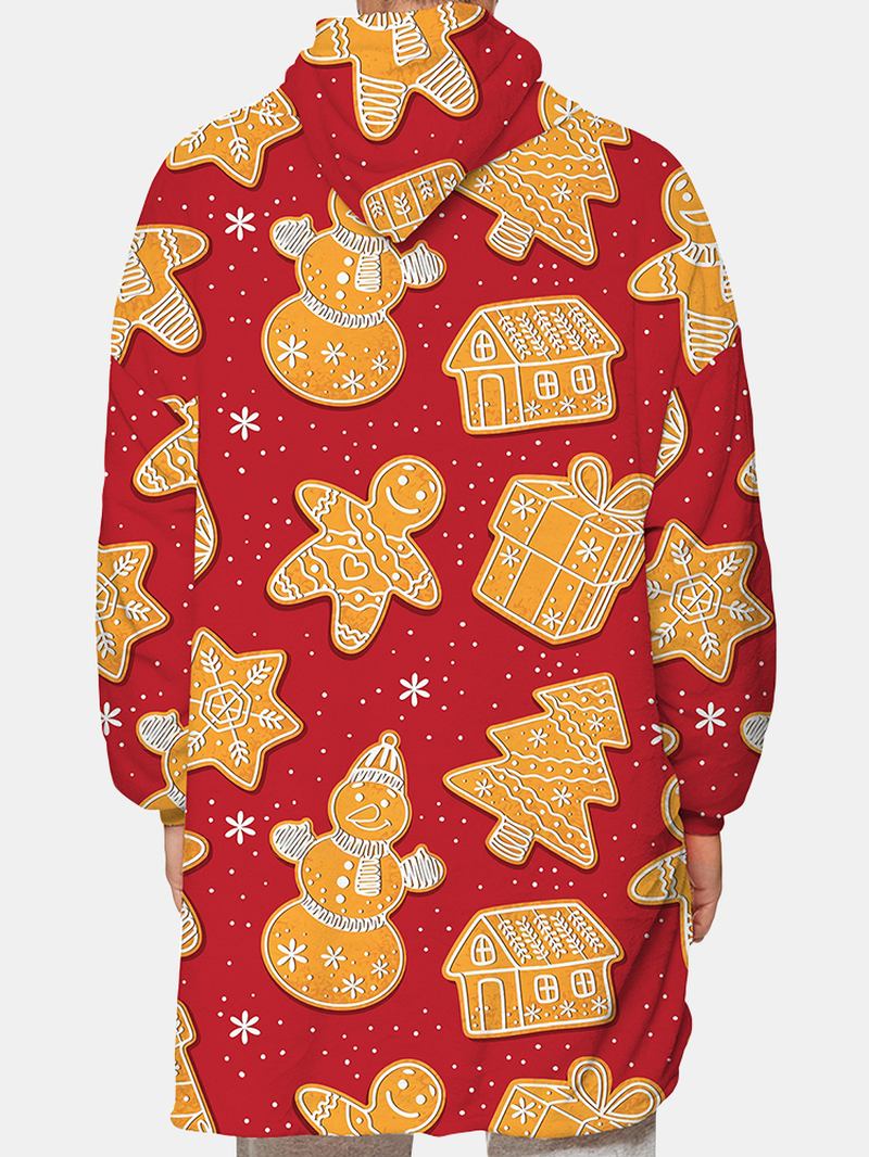 Herr Jul Pepparkakstryck Vändbar Fleecefodrad Filt Luvtröja Warm Loungewear Med Ficka