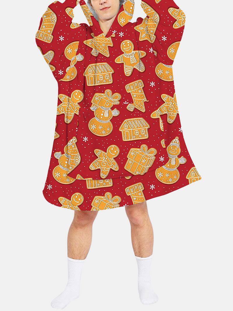 Herr Jul Pepparkakstryck Vändbar Fleecefodrad Filt Luvtröja Warm Loungewear Med Ficka