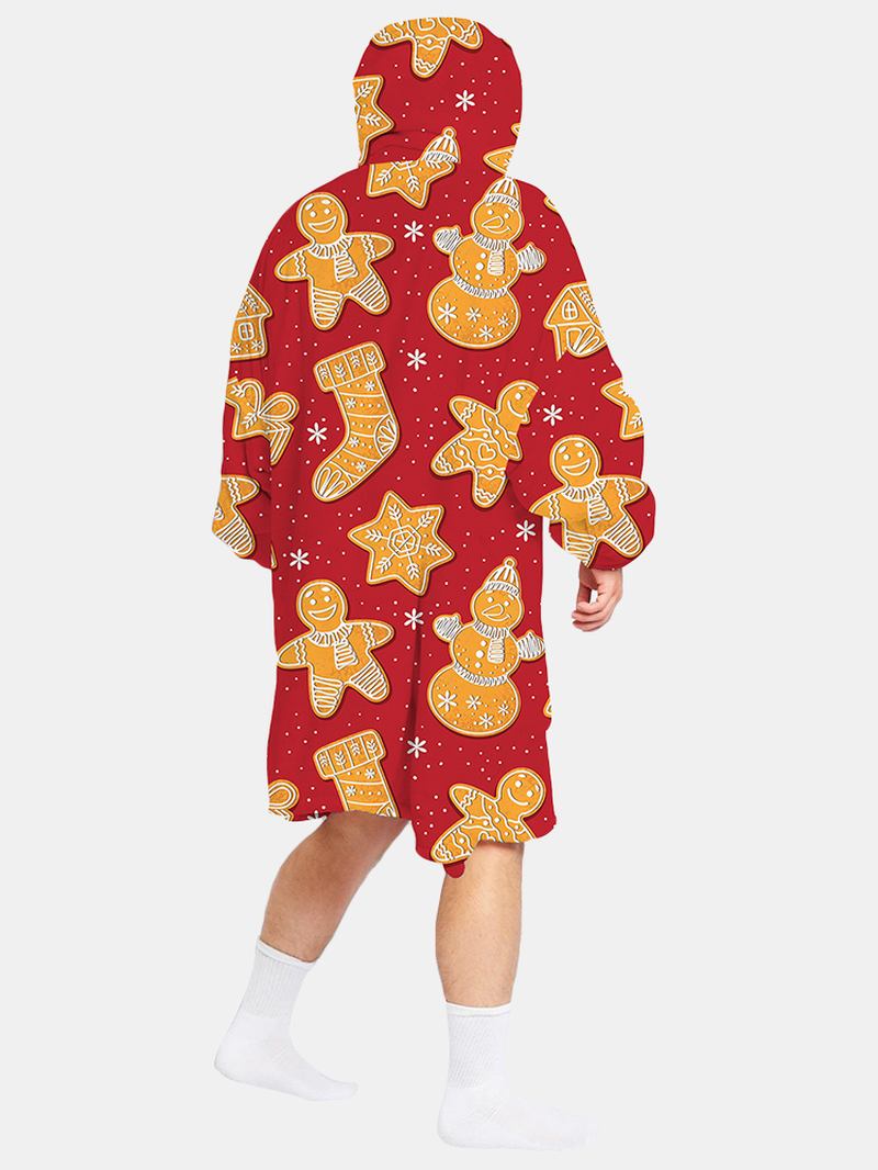 Herr Jul Pepparkakstryck Vändbar Fleecefodrad Filt Luvtröja Warm Loungewear Med Ficka