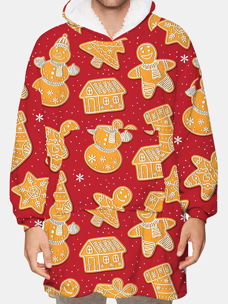 Herr Jul Pepparkakstryck Vändbar Fleecefodrad Filt Luvtröja Warm Loungewear Med Ficka