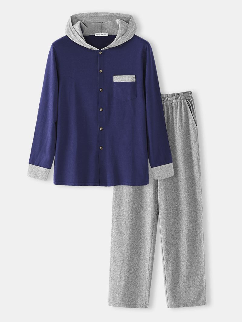 Herr Modal Stickad Långärmad Hooded Top Hem Casual Elastisk Waist Lounge Pyjamas Set