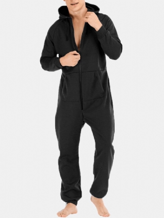 Herr Mulit Pockets Thicken Loungewear Zip Down Jumpsuit Vanlig Hooded Pyjamas