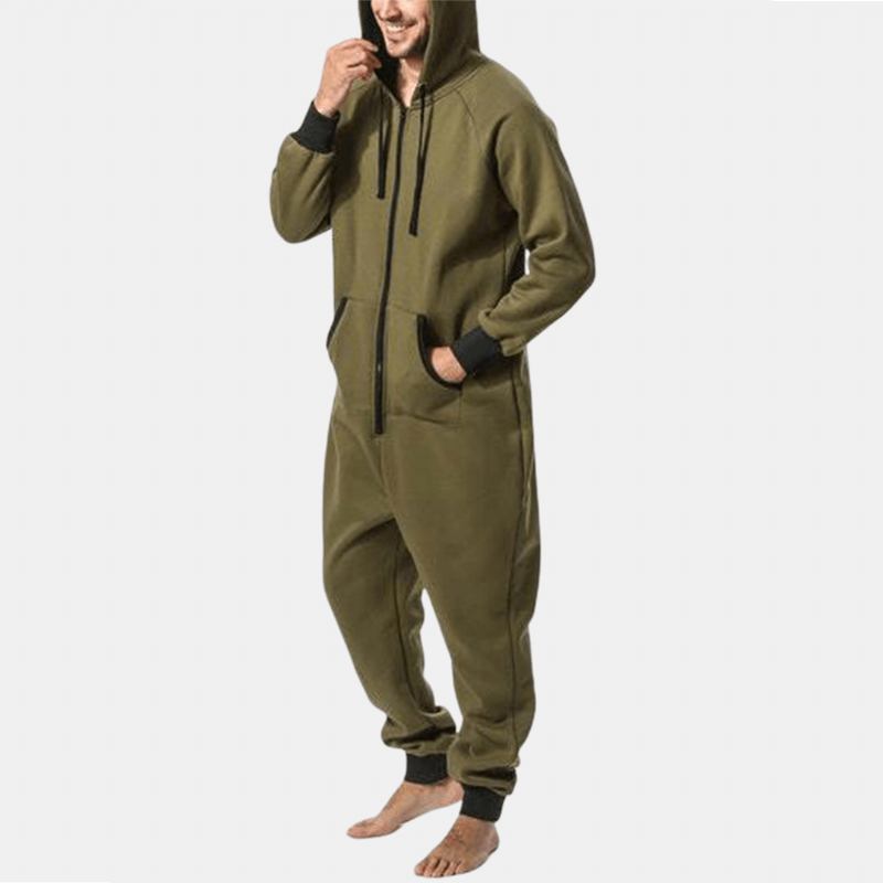 Herr Mulit Pockets Thicken Loungewear Zip Down Jumpsuit Vanlig Hooded Pyjamas