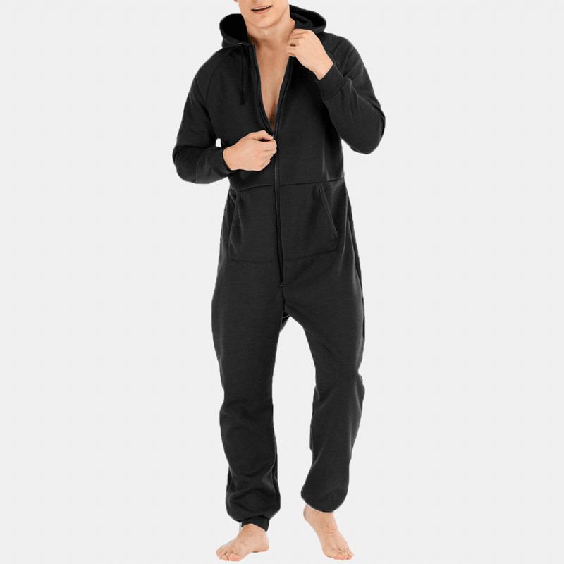 Herr Mulit Pockets Thicken Loungewear Zip Down Jumpsuit Vanlig Hooded Pyjamas