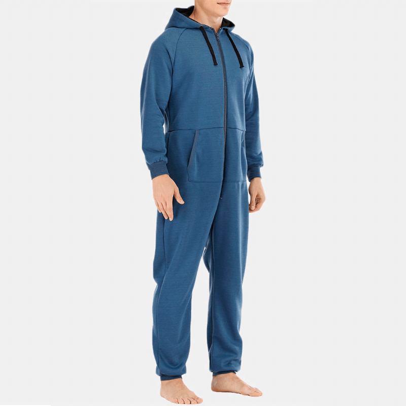 Herr Mulit Pockets Thicken Loungewear Zip Down Jumpsuit Vanlig Hooded Pyjamas