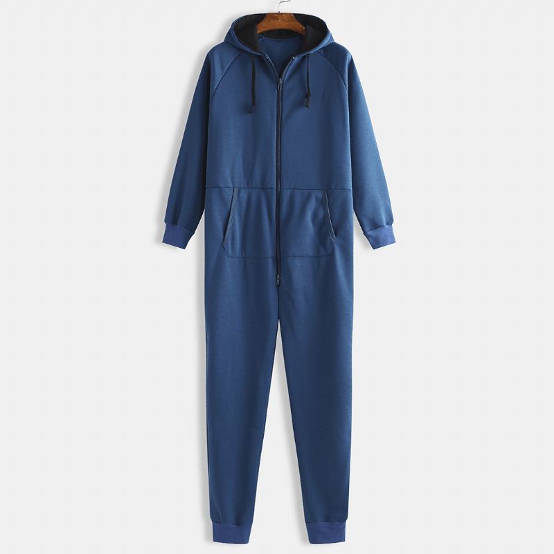 Herr Mulit Pockets Thicken Loungewear Zip Down Jumpsuit Vanlig Hooded Pyjamas