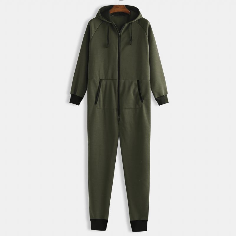 Herr Mulit Pockets Thicken Loungewear Zip Down Jumpsuit Vanlig Hooded Pyjamas