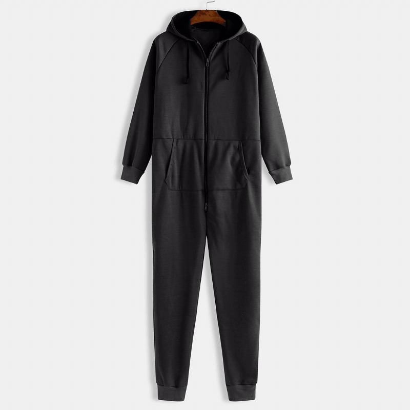 Herr Mulit Pockets Thicken Loungewear Zip Down Jumpsuit Vanlig Hooded Pyjamas