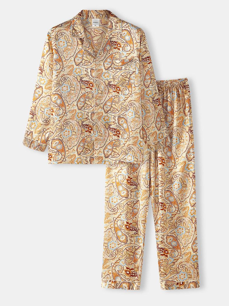 Herr Paisley Med Tryck Etnisk Stil Flap Pocket Långärmad Hem Casual Pyjamas Set