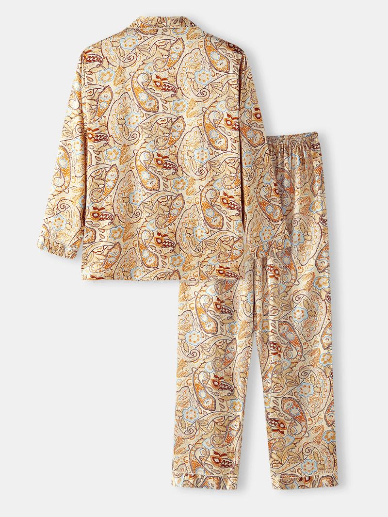 Herr Paisley Med Tryck Etnisk Stil Flap Pocket Långärmad Hem Casual Pyjamas Set