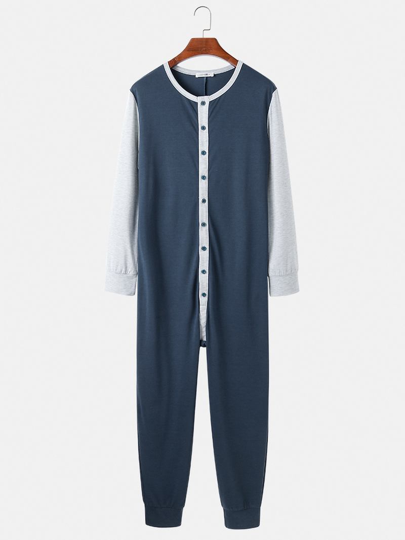 Herr Patchwork Colorblock Rund Hals Knapp Upp Långärmad Home Jumpsuit Pyjamas