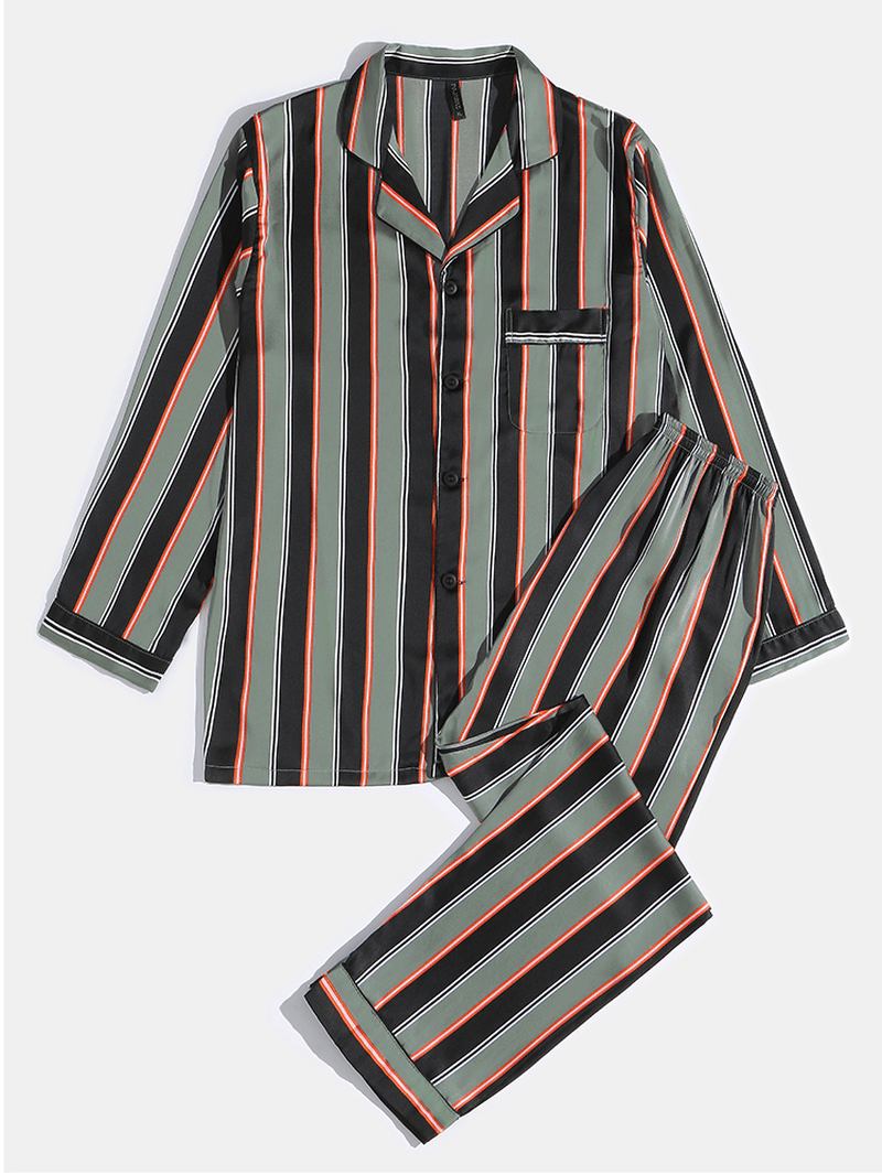 Herr Stripe Med Tryck Lapel Långärmad Skjorta Elastiska Midja Byxor Hem Pyjamas Set