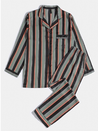 Herr Stripe Med Tryck Lapel Långärmad Skjorta Elastiska Midja Byxor Hem Pyjamas Set