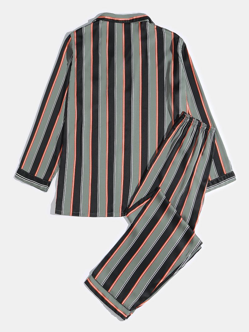 Herr Stripe Med Tryck Lapel Långärmad Skjorta Elastiska Midja Byxor Hem Pyjamas Set