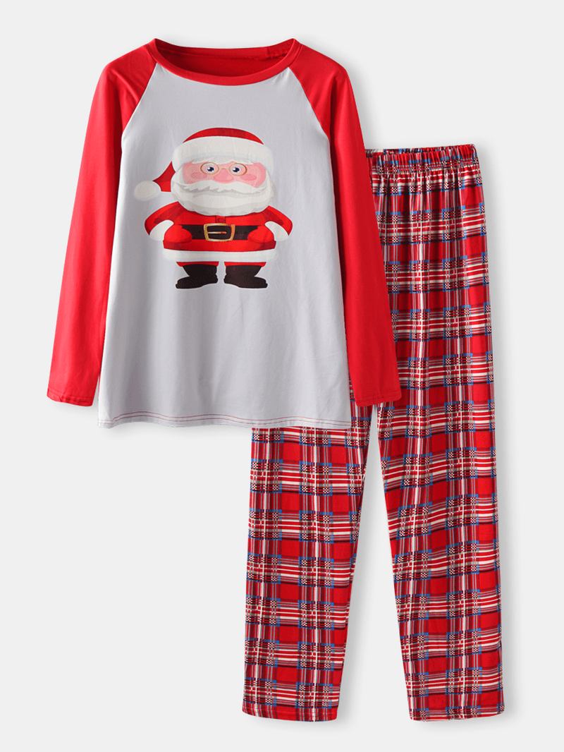 Herr Tecknad Jultomte Med Tryck Raglan Ärm Lös Pläd Byxor Home Lounge Pyjamas Set